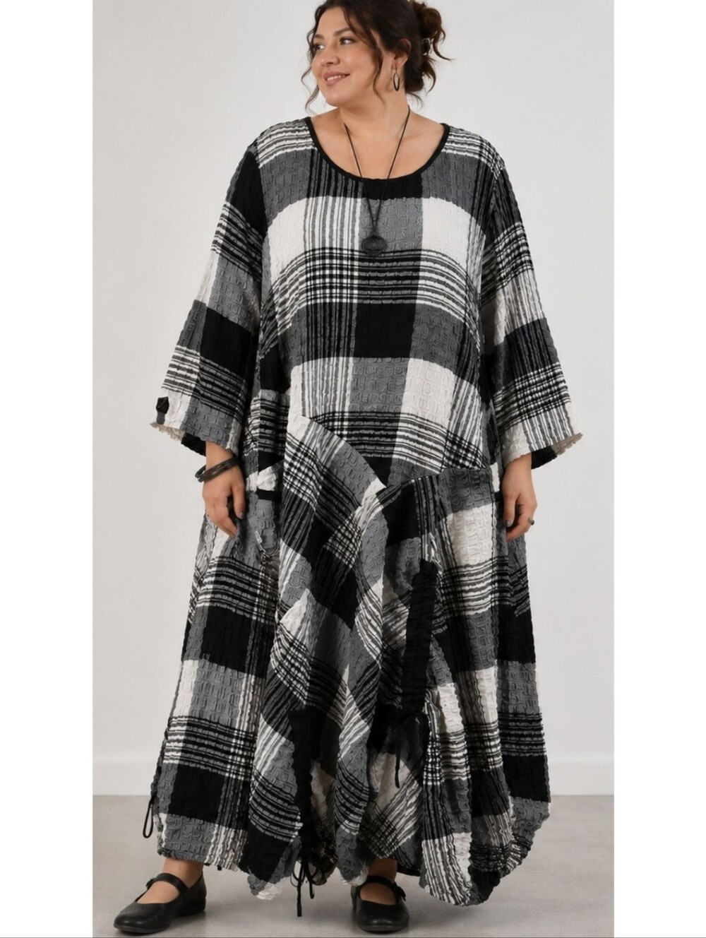 Black & White Plaid Maxi Dress with Flowing Silhouette